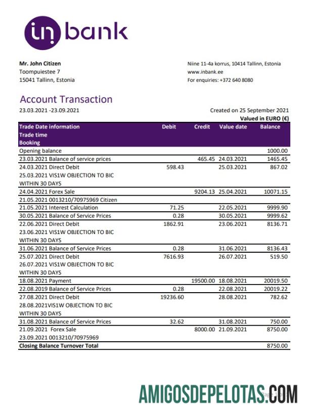 Extrato bancário realista do Inbank da Estônia, modelo fácil de preencher em formato Excel e PDF